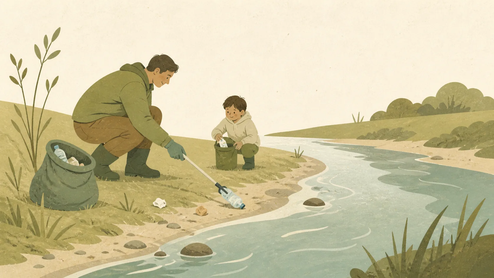 Un uomo e un bambino raccolgono rifiuti lungo il fiume