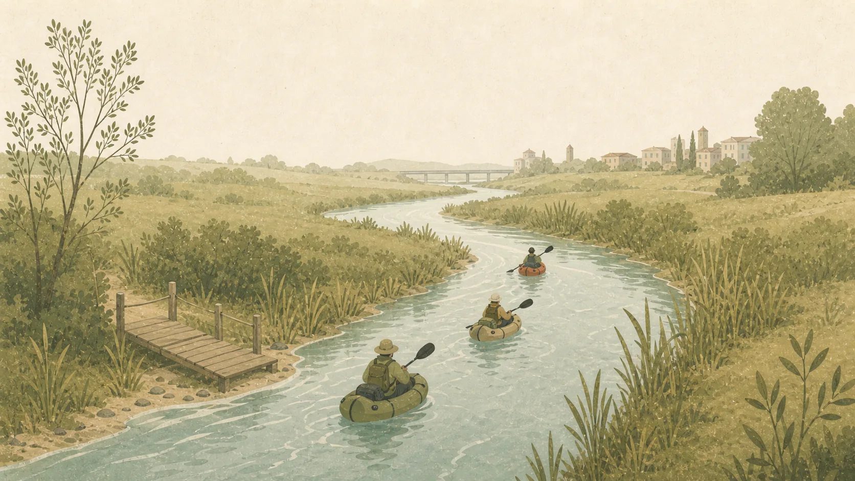 Canoe scendono il fiume verso la città
