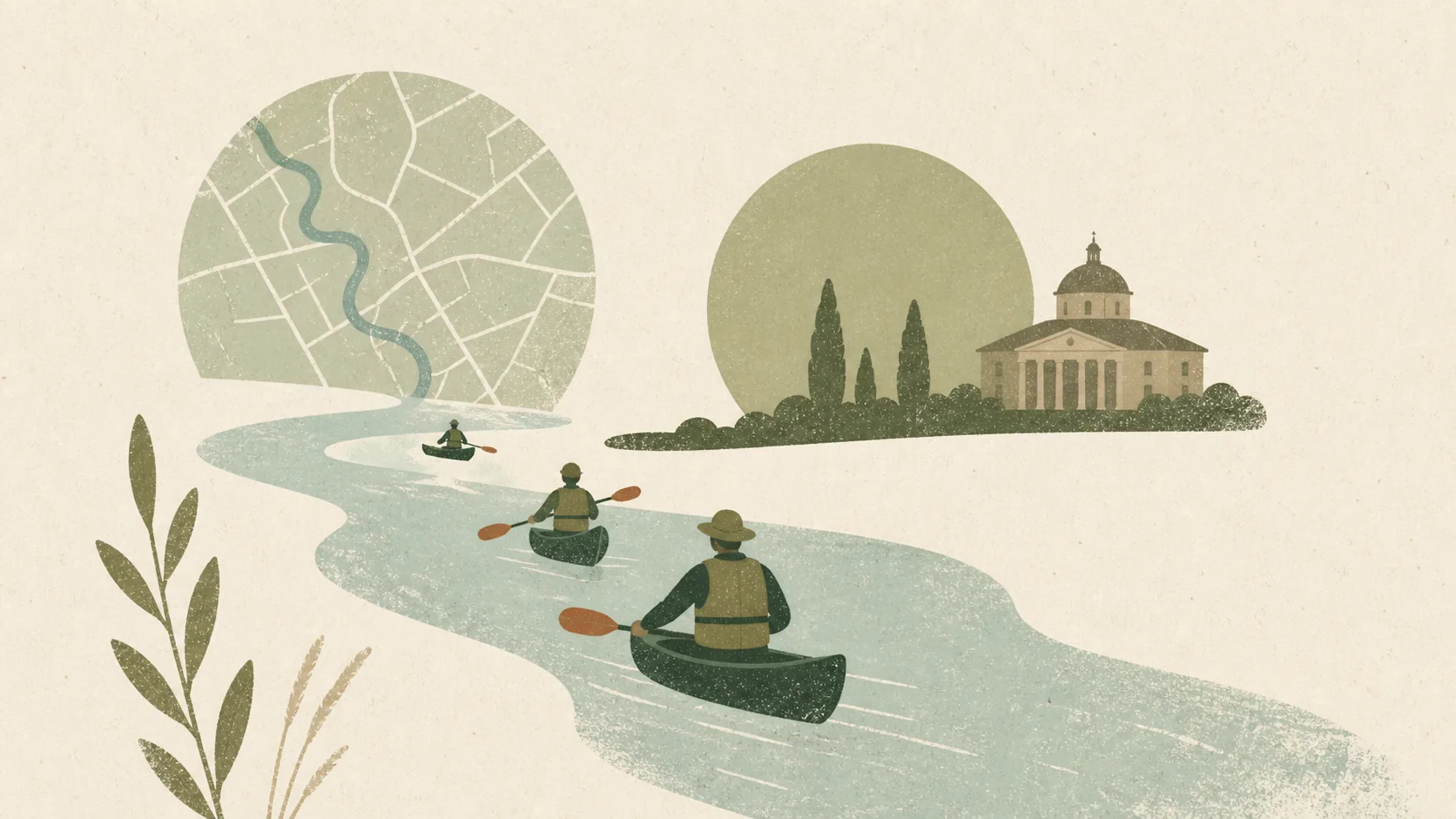 Traccia d'acqua con piccole canoe e riferimenti territoriali